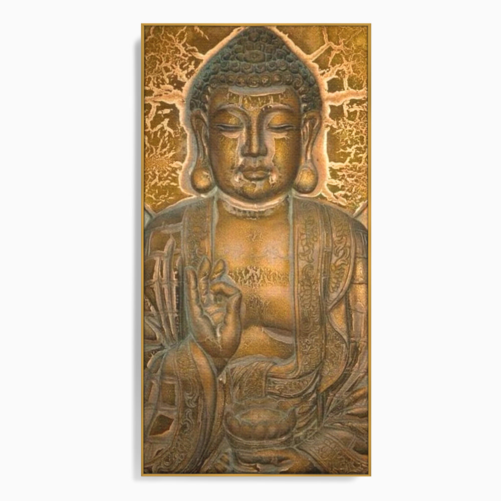 Tablou canvas cu tablou canvas cu figura lui buddha, in rama de aluminiu auriu